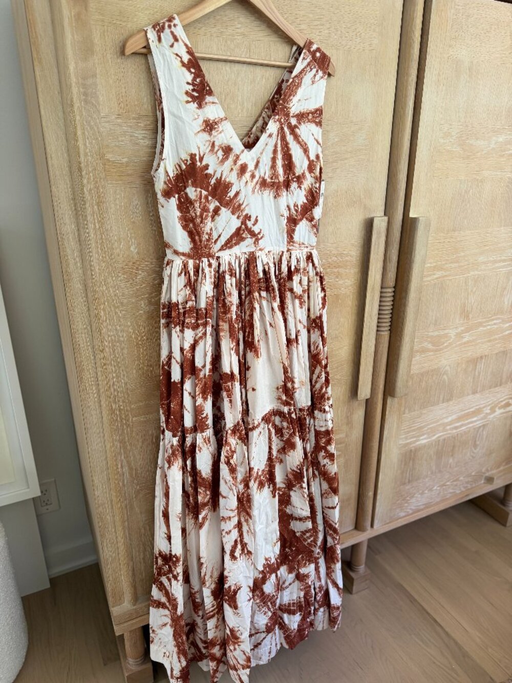 S/W/F Anthropologie Tie Dye Smocked Poplin Maxi Dress Brown Ivory XS NWT